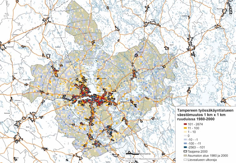 Kuva 21. Väestömuutos 1980 2000 Tampereen työssäkäyntialueella 1 x 1 km ruuduissa.