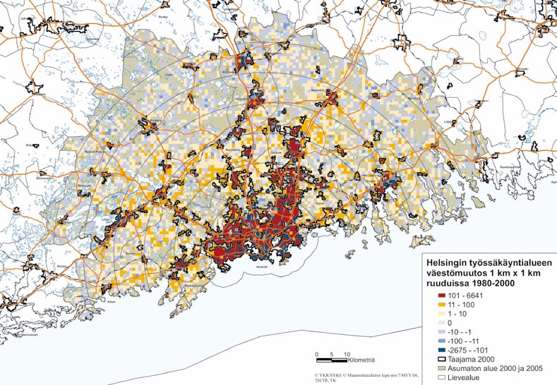 Kuva 32. Väestömuutos 1980 2000 Helsingin työssäkäyntialueella 1 km x 1 km ruuduissa.