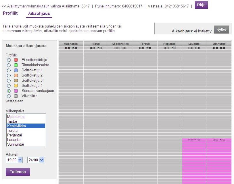 17.7.2012 20 (23) Aikaohjaus määritellään Internet-käyttöliittymän erillisessä näkymässä (esimerkkinä alaliittymän