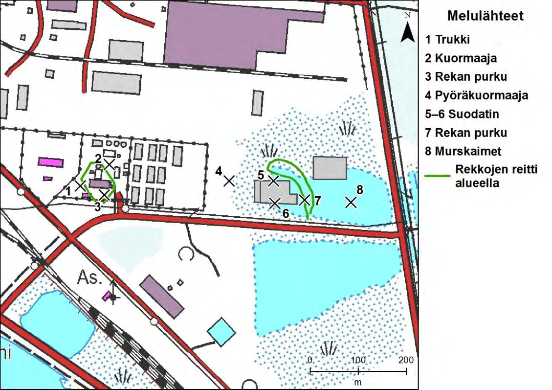 Ekokem Oy Mäntyluodon jätteenkäsittelyalueen meluselvitys 6(18) daan mm. geometrinen leviäminen, ilman absorptio, estevaimennus ja maavaimennus.