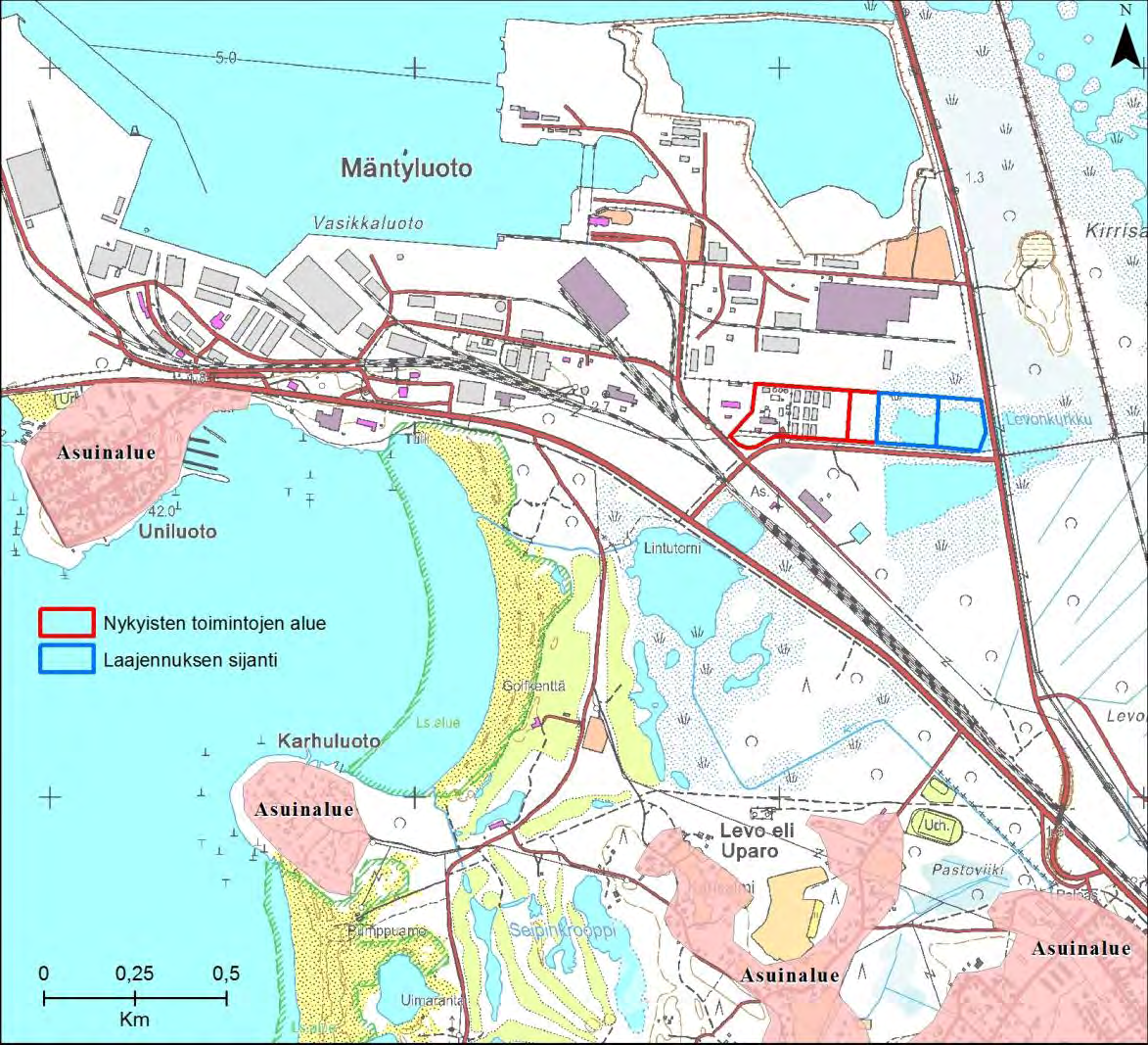 Kuva 13. Suunniteltua laitosta lähinnä sijaitsevat asutusalueet Mäntyluodossa. Peittoo Maa- ja kallioperä Porin teollisuusjätekeskus sijaitsee Peittoon alueella.