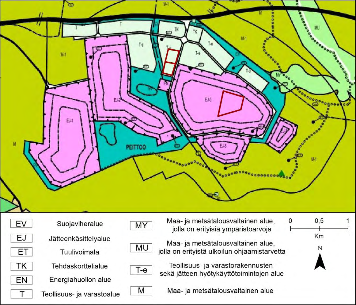 Kuva 16. Ote Mäntyluodon yleiskaavasta. Toiminnot sijoittuvat teollisuus- ja varastotoimintojen alueelle. Kaavakarttaan on jälkikäteen täydennetty Ekokemin laitoksen ja laajennusalueen sijainnit.