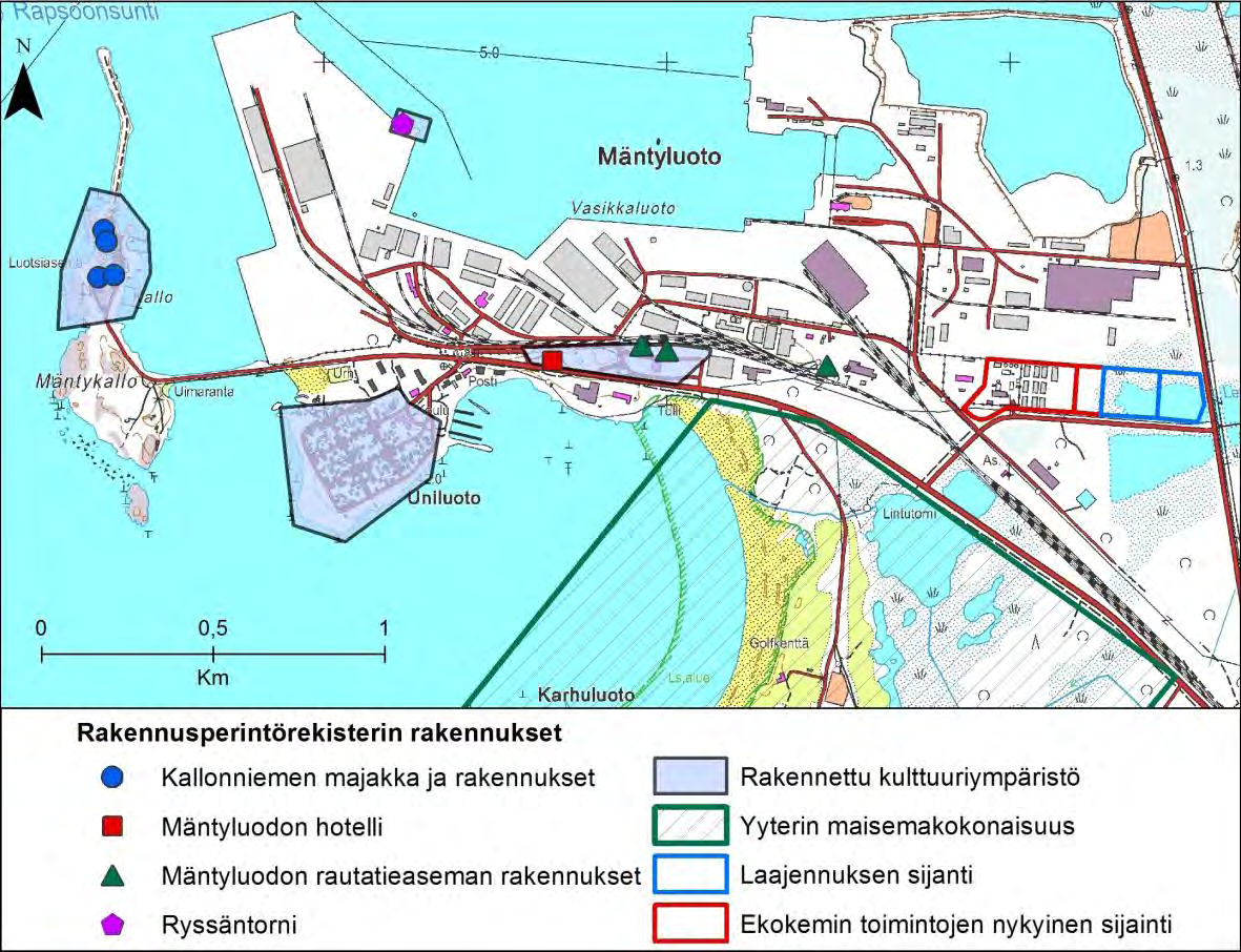 Kuva 30. Kulttuuriympäristöt ja rakennusperintörekisterin kohteet Mäntyluodossa (aineisto: Museovirasto).