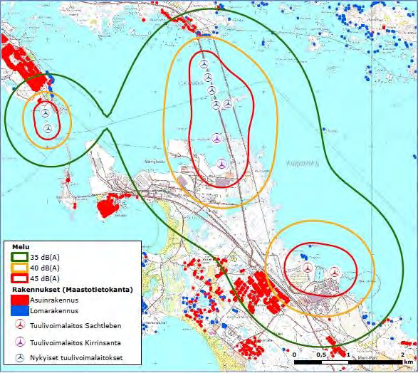 Kuva 34. Alueen tuulivoimaloiden melun leviämismallinnus (FCG 2012).