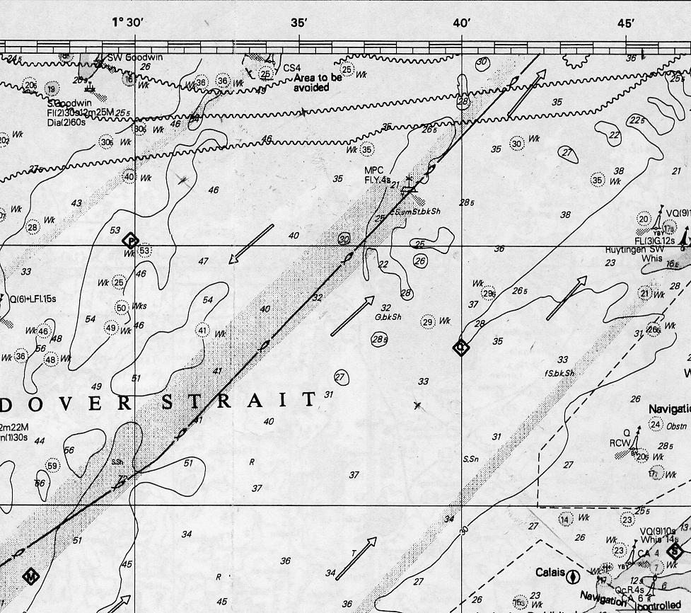 RL10.12.2004. Teht.5 (vaihtoehto 2). Olet 16.5. klo 20.05 UT paikassa 50 o 58,0' P; 01 o 45,5' I. Nopeutesi on 6 solmua. Suunnittelet reittisi kohti S.