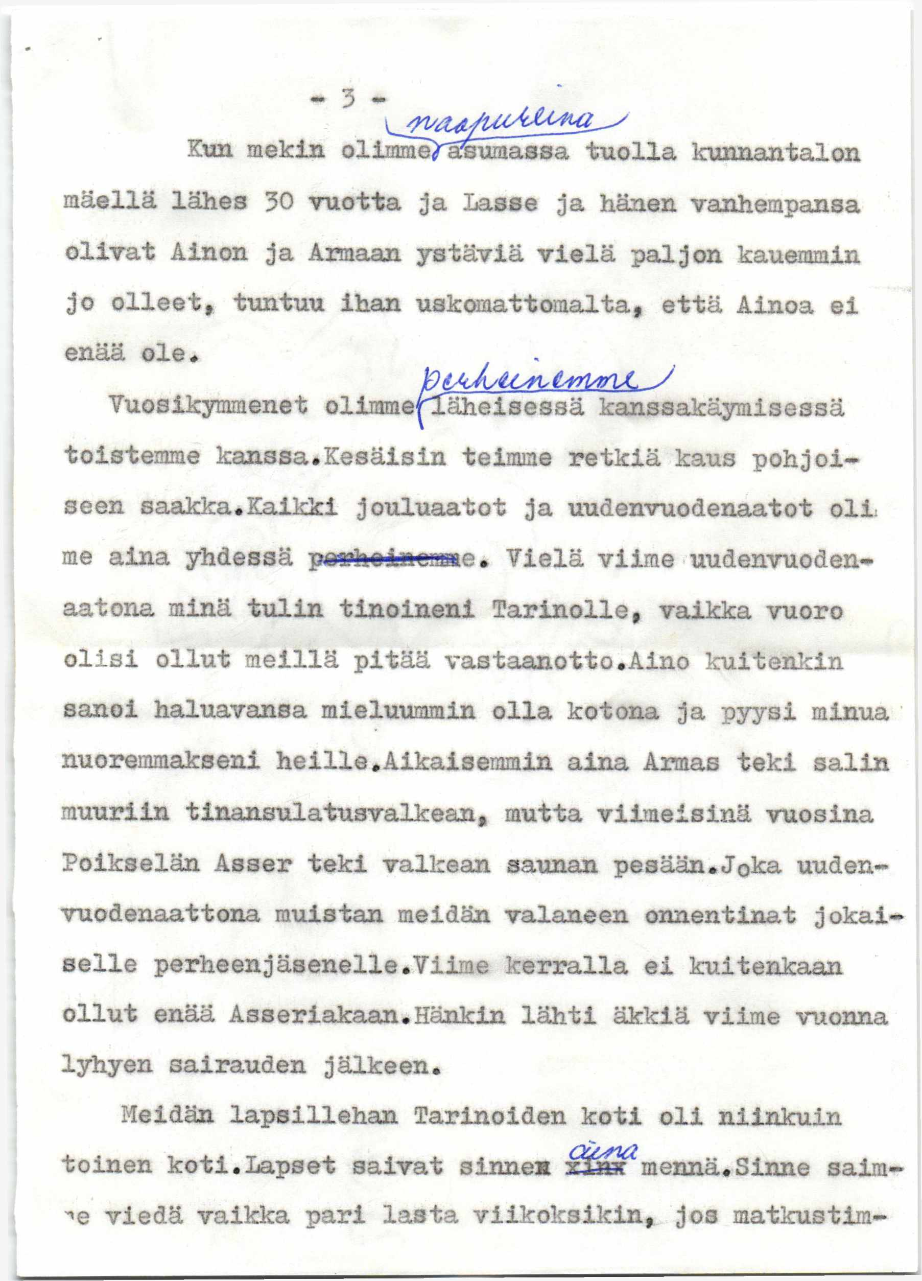 Kun mekin olimm^aémassa tuolla kunnantalon mäellä lähes 30 vuotta ja Lasse ja hänen vanhempansa olivat Ainon ja Armaan ystäviä vielä paljon kauemmin jo olleet, tuntuu ihan uskomattomalta, että Ainoa