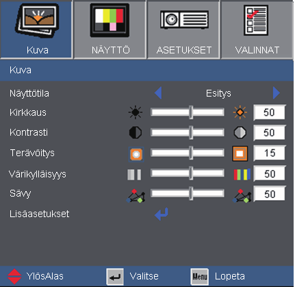 Käyttäjän ohjaimet Näyttövalikot Projektorissa on monikielisiä näyttövalikkoja, joiden avulla voit säätää kuvia ja muuttaa useita asetuksia. Projektori löytää lähteen automaattisesti. Käyttö 1.