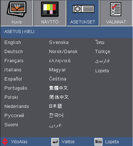 Käyttäjän ohjaimet ASETUS Kieli Kieli Valitse monikielinen näyttövalikko.