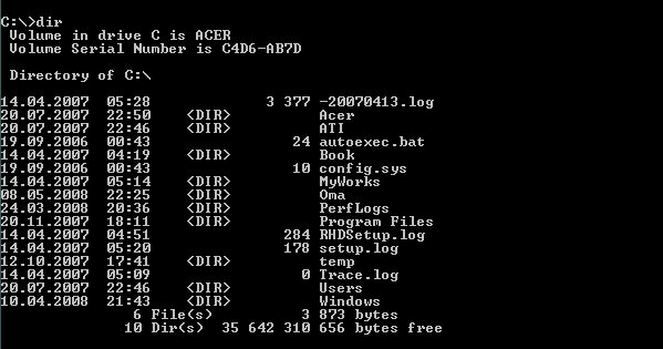 5 KUVA 1. Dir C:\>dir D: Näyttää hakemistolistauksen D-aseman oletushakemistosta. C:\>dir \koti Näyttää hakemistolistauksen koti-hakemistosta. C:\>dir ohje.txt Näyttää tiedoston ohje.