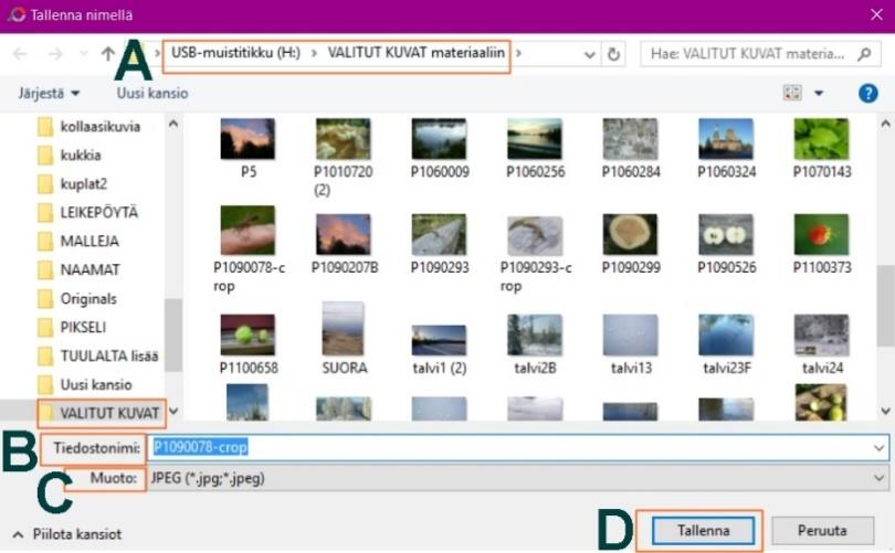 Rajatun kuvan nimeäminen A. Tarkista tallennuskansion nimi B. Anna kuvalle uusi nimi. C. Tallennusmuoto JPEG D. Napsauta Tallenna E. Muuta Laatu 100% Napsauta OK painiketta.