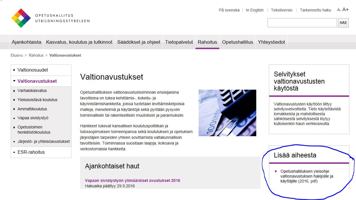 Opetushallituksen yleisohje valtionavustuksen hakijoille ja käyttäjille