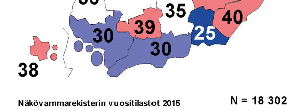 Kuvio 6. Rekisteröidyn näkövammaisuuden ikä- ja sukupuolivakioidut prevalenssit /10 000 asukasta sairaanhoitopiireittäin 2.