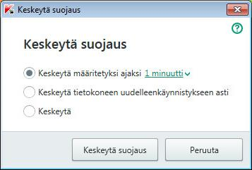 Tietokoneen suojauksen keskeyttäminen ja jatkaminen Suojauksen keskeyttäminen tarkoittaa, että kaikki suojauskomponentit poistetaan tilapäisesti käytöstä määrätyn ajanjakson ajaksi.