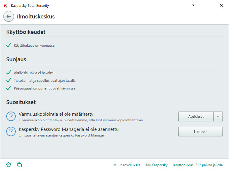 Tietokoneen suojaustilan arviointi ja tietoturvaongelmien ratkaiseminen Tietokoneen suojauksen ongelmat ilmaistaan sovelluksen pääikkunan yläosassa sijaitsevalla ilmaisimella.