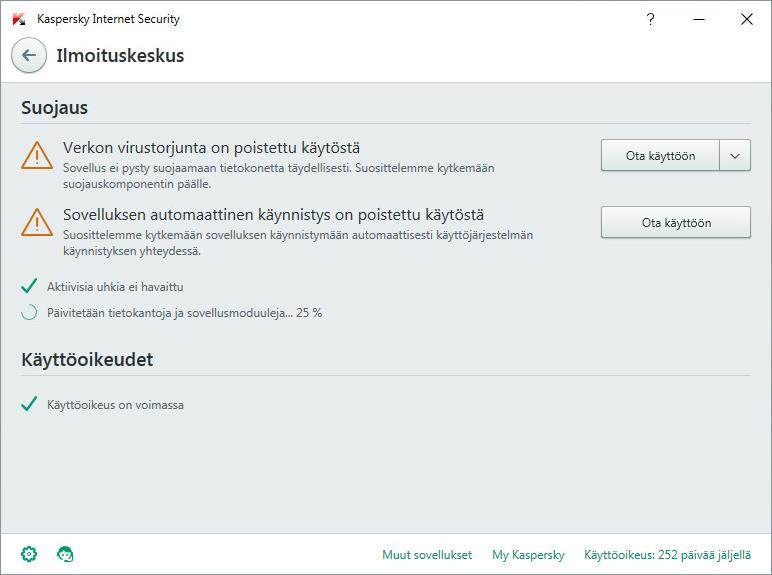 Tietokoneen suojaustilan arviointi ja tietoturvaongelmien ratkaiseminen Tietokoneen suojauksen ongelmat ilmaistaan sovelluksen pääikkunan yläosassa sijaitsevalla ilmaisimella.