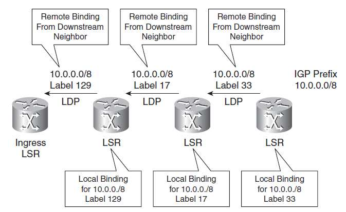 18 istunnon TCP-yhteyttä käyttäen (init). LDP-protokolla mainostaa TCP-yhteyden yli sidoksiaan kahden reitittimen välillä LDP-PDU-paketeilla käyttäen UDP- ja TCPprotokollia.