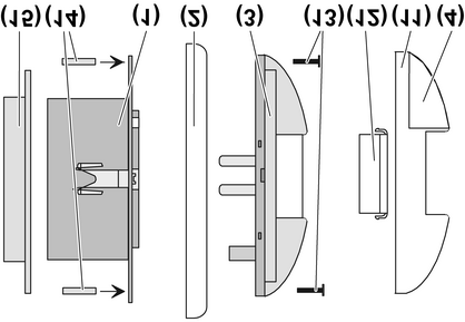 Kuva 10: Lketunnistimen asennus Figur 10: Montera rörelsedetektor (11) Sisustuskansi (12) Peitelevyelementti (13) Varkaudelta suojaavat ruuvit (14) Varkaudelta suojaavat punaiset kierretapit (15)
