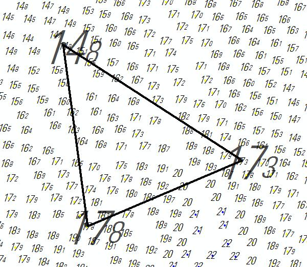 7 Kuva 3. Kolmion sisään ei jää matalampia syvyyspiste-ehdotuksia kuin 14.8 eikä suoraan muidenkaan syvyyslukujen väliin jää matalampia syvyyspiste-ehdotuksia.