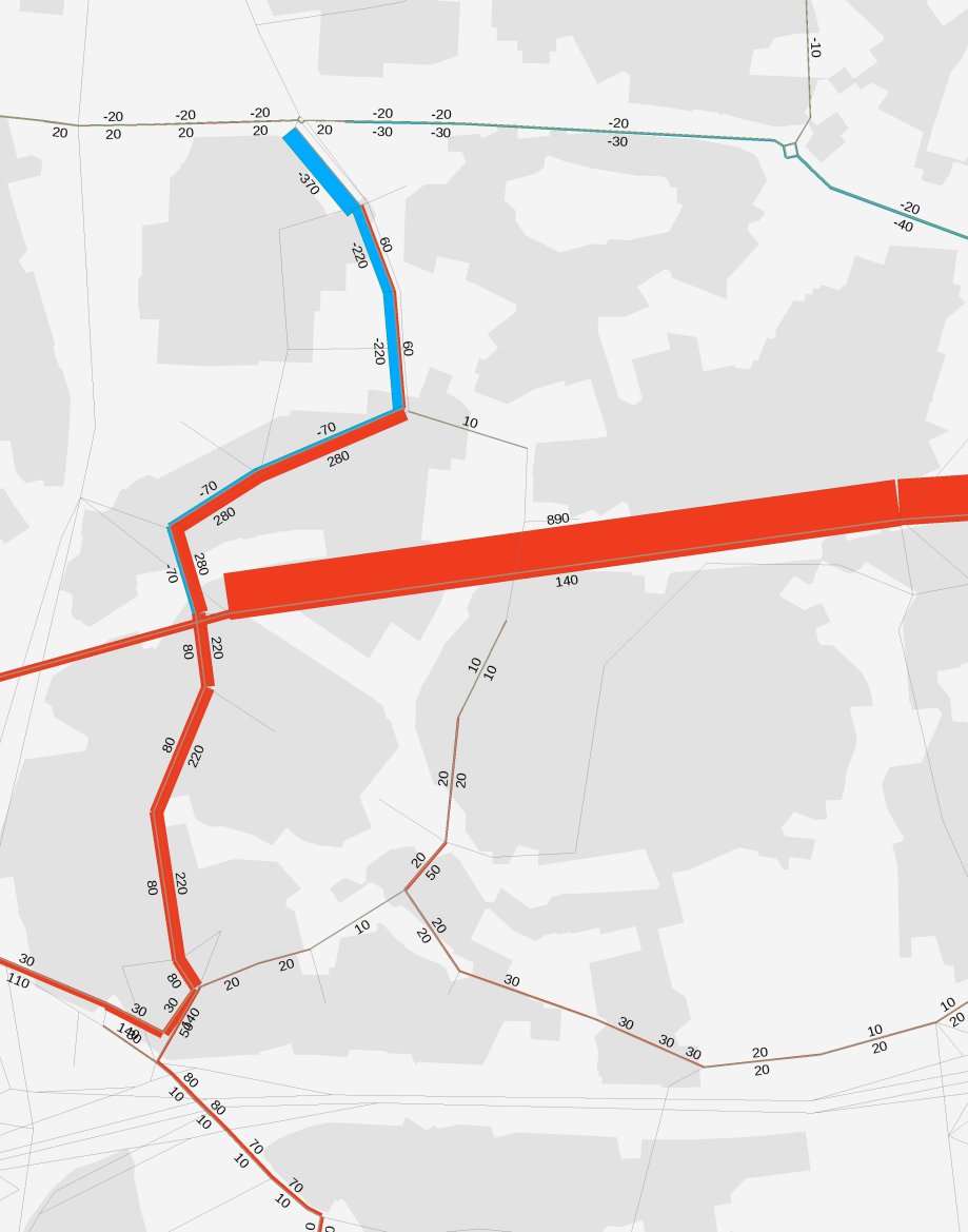 Osayleiskaavavaihtoehdon ja vertailuvaihtoehdon (ve 0) joukkoliikenteen aamuhuipputunnin kuormituserot v. 2040.