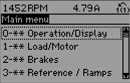 8 Taajuusmuuttajan ohjelmointi 8.1.8 Päävalikkotila Sekä graafinen että numeerinen paikallisohjauspaneeli mahdollistavat päävalikkotilan käytön.