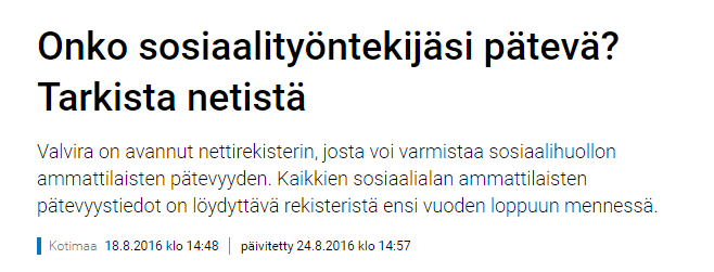 JulkiTerhikki ja JulkiSuosikki Sähköinen asiointi käyttöön 29.11.2016 Oikeus toimia tehtävissä ilman laillistusta on siirtymäsäännöksen piiriin päässeillä voimassa 31.12.2017 asti.