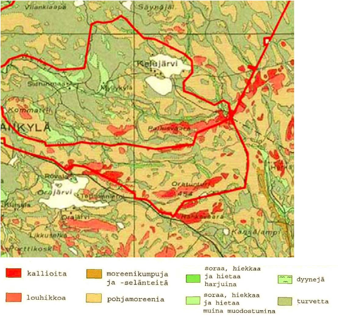 110 Kuva 13-1. Maaperäkartta (Maanmittaushallitus, Airix Ympäristö Oy 2006 mukaan, Tyrväinen 1983). 13.3 Vaikutukset maa- ja kallioperään Tuulipuiston rakentaminen vaikuttaa hankealueen maa- ja kallioperään paikallisesti.