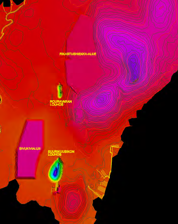 10 Kuva 2. Kaivosalueen pintatopografia sulkemisen jälkeen Sivukivialueen osalta topografia on esitetty sivukivialueen maisemoinnin yleissuunnitelmassa 16WWE1351 5.
