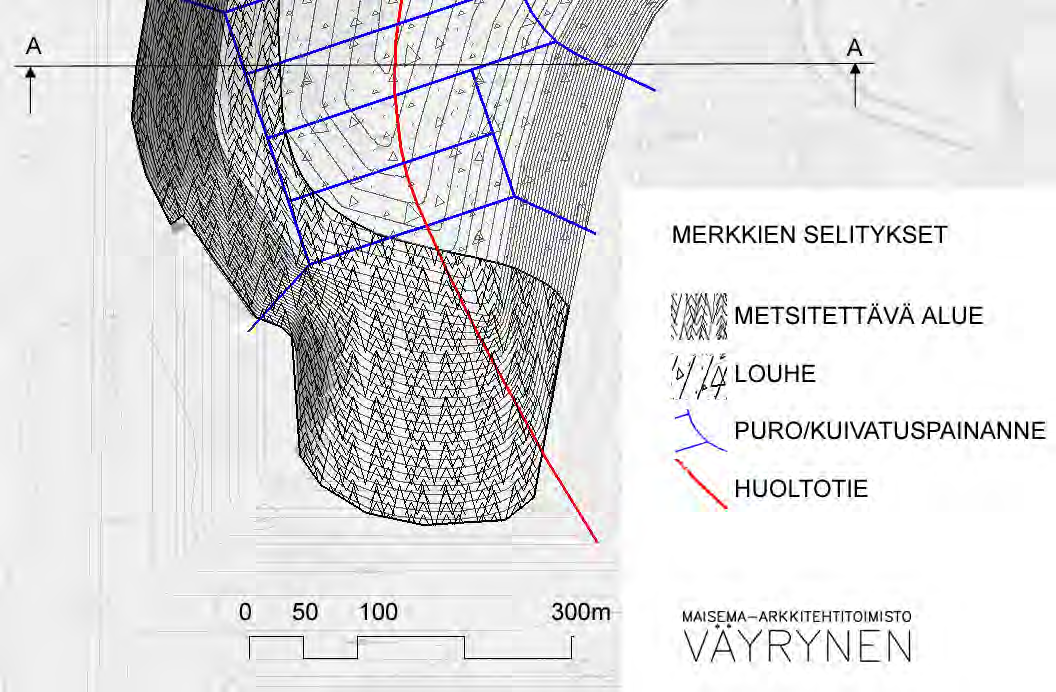 16WWE1351 6.7.2011 12 Läjityksen reunaluiskat rakennetaan 1:2,5 kaltevuudelle ja metsitetään mäntyvaltaisella sekametsällä.