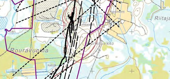 7 Kuva 1. Kaivosalueen kartoitetut ruhjevyöhykkeet. Ohuimmat katkoviivat perustuvat geofysikaaliseen tulkintaan, paksummat katkoviivat ovat varmistettu kairauksissa.