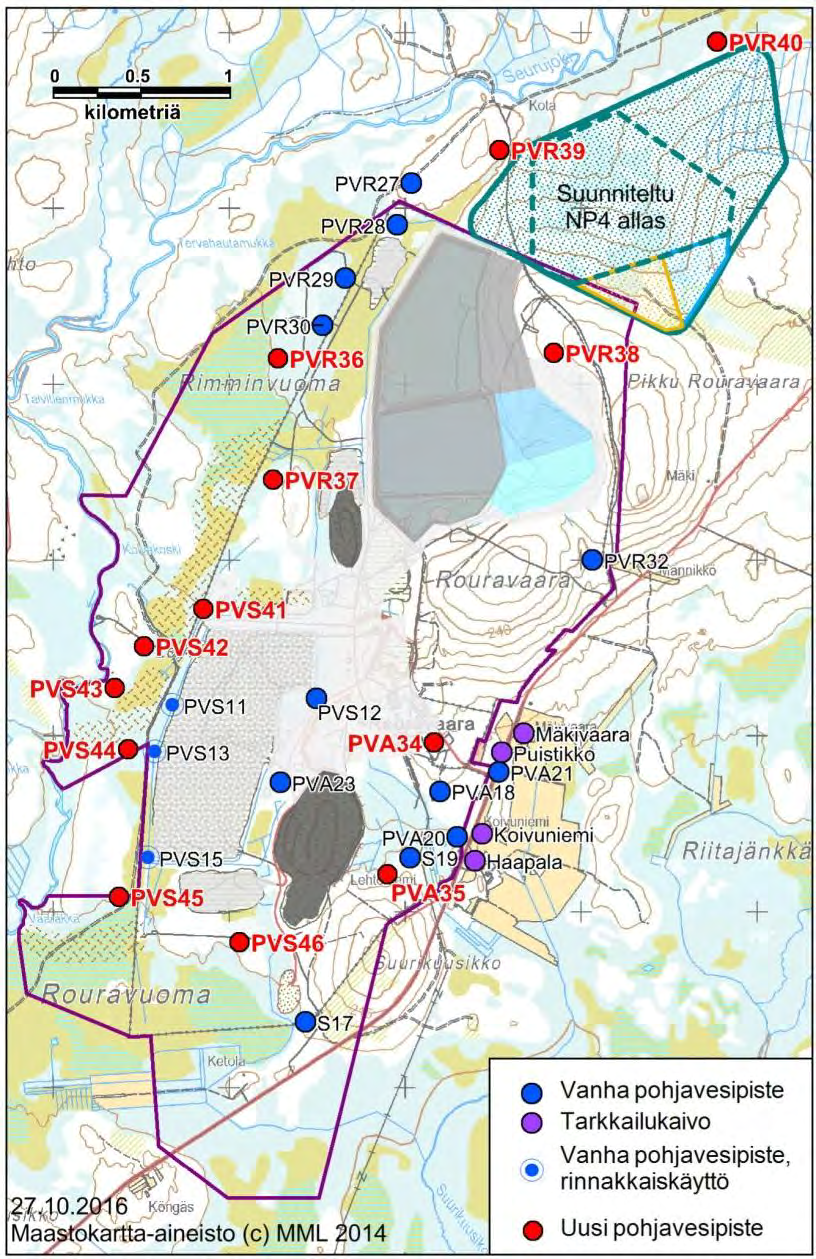 13 Kuva 4. Asennettavien uusien putkien sijainnit (punaisina), sekä tarkkailuun jäävät vanhat putket. 5 PÄIVITETTY TARKKAILUOHJELMA 5.