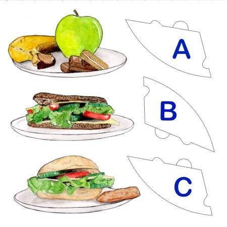 Kuvassa vastausvaihtoehdot on helppo erottaa toisistaan, koska ne ovat kaikki eri ruoka-aineita. Oikeaksi vaihtoehdoksi on valittu porkkanaraaste, jotta ruokaan tulisi myös juuresta.
