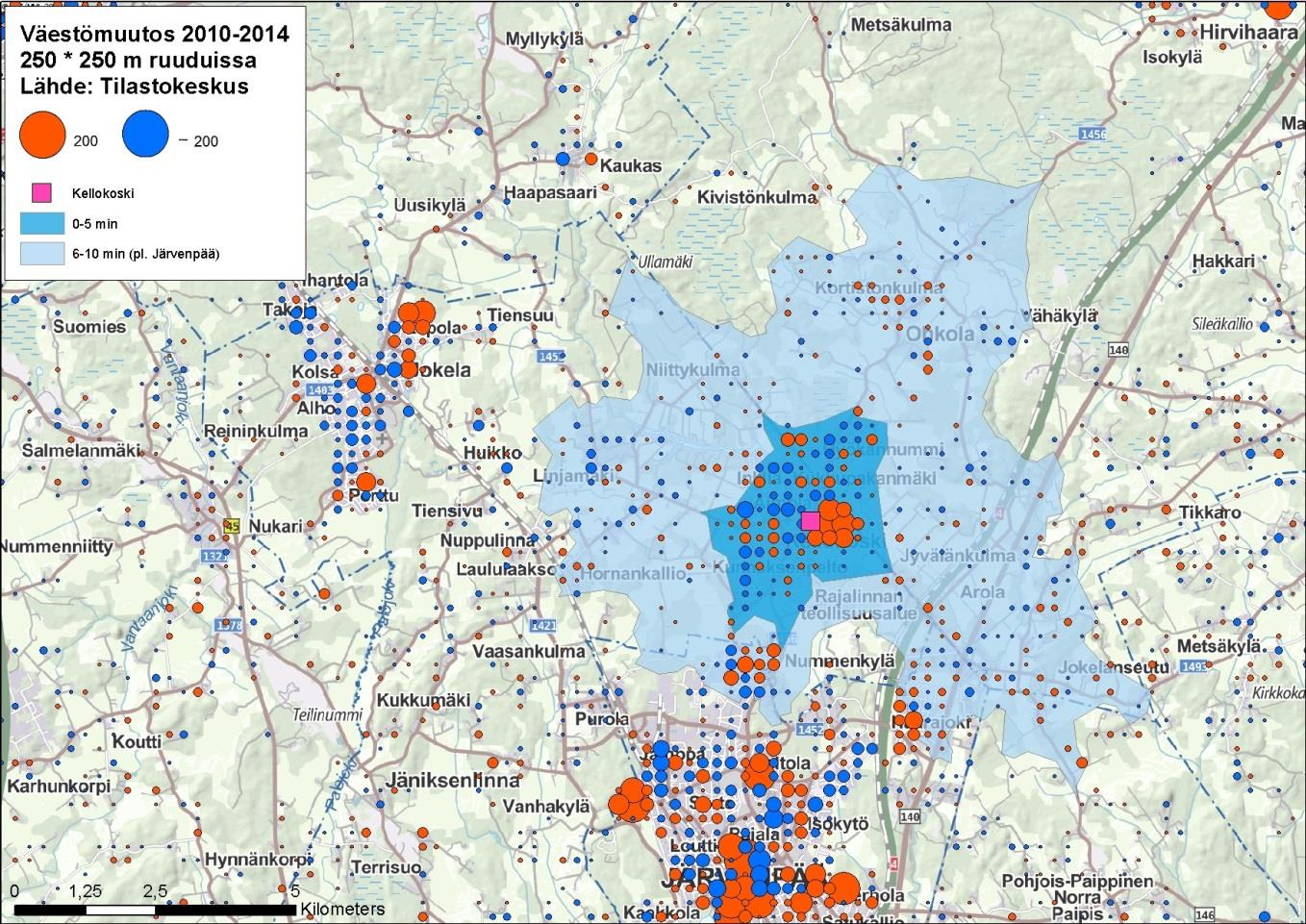 Kaupan palveluverkkoselvitys 11 Kuva 9 Väestönmuutos 2010-2014 250 x 250 m tilastoruuduissa (Lähde: Tilastokeskus, Ruututietokanta 2011 ja 2015) 3.1.2 Väestöennuste Kellokosken yleiskaavaehdotuksessa väestötavoitteeksi vuodelle 2034 on esitetty ns.