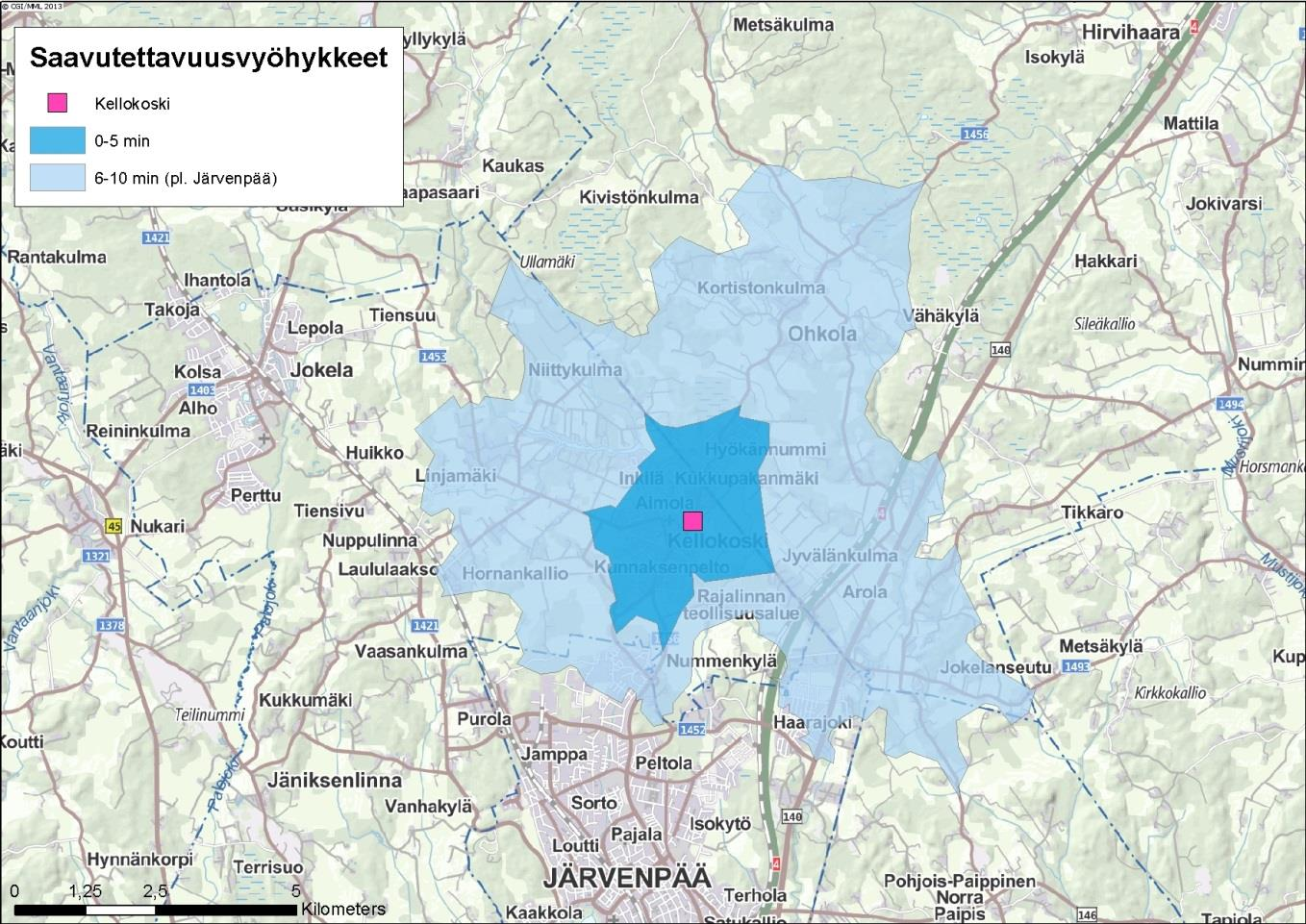 Kaupan palveluverkkoselvitys 2 Toissijaiseksi vaikutusalueeksi, josta Kellokoskelle voidaan olettaa suuntautuvan myös jonkin verran asiointia, on määritelty 6-10 minuutin ajoaikavyöhyke Kellokoskelle