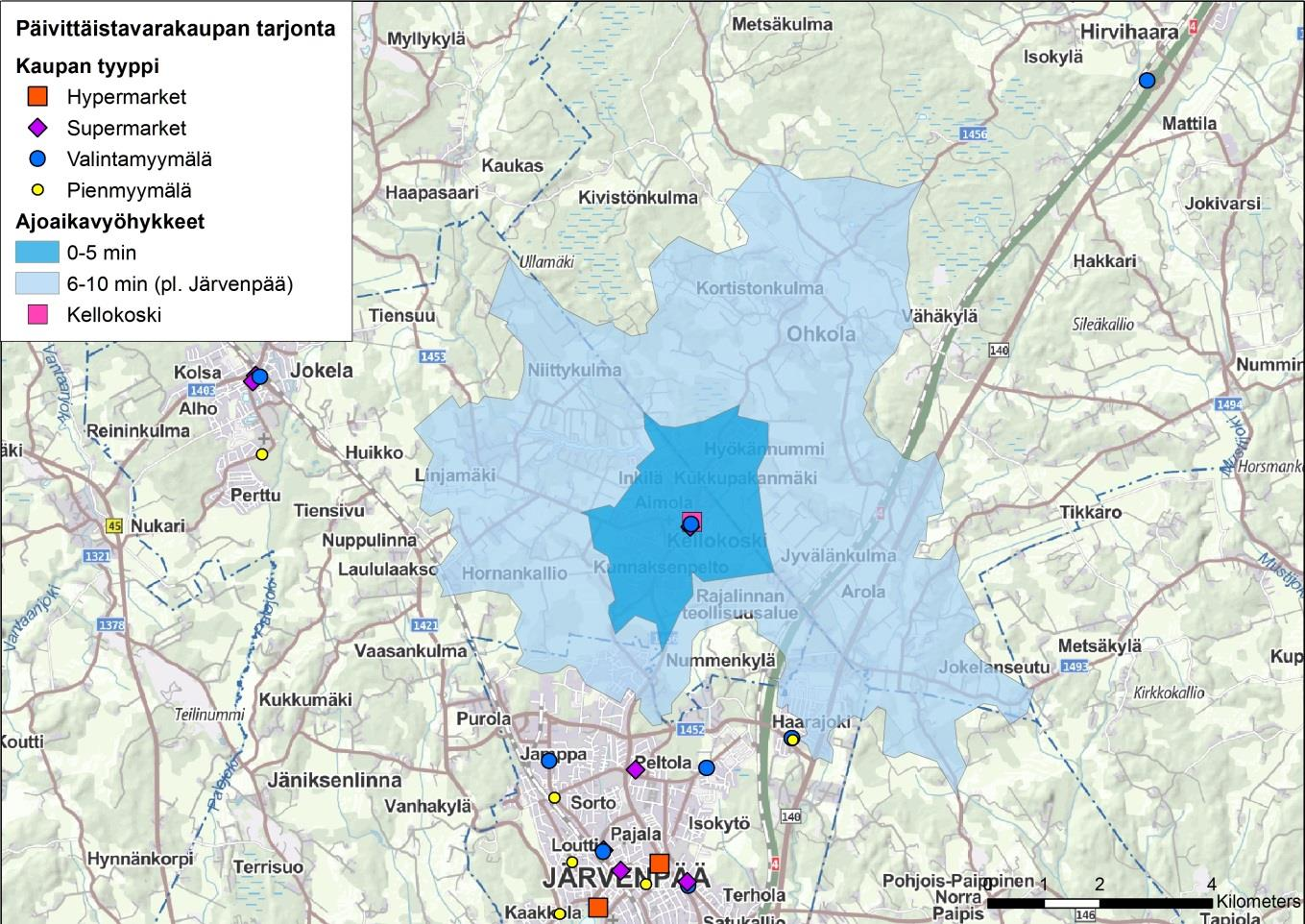 Kaupan palveluverkkoselvitys 5 Kuva 4 Päivittäistavarakaupan myymäläverkosto Kellokosken lähialueella 2.3 Kellokosken vähittäiskauppa Kellokoskella on liiketiloja käytössä yhteensä noin 4 150 k-m2.