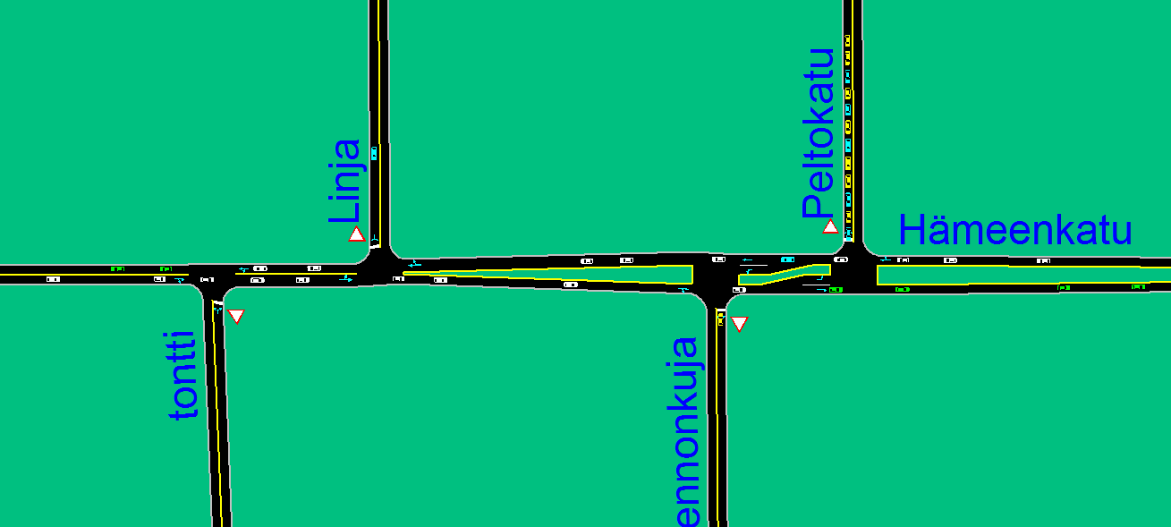 6 Kuva 4 Tilannekuva Hämeentien iltaruuhkasta, kun liikennemäärät ovat kaksinkertaistuneet nykyisestä (SimTraffic-simulointiohjelmasta).