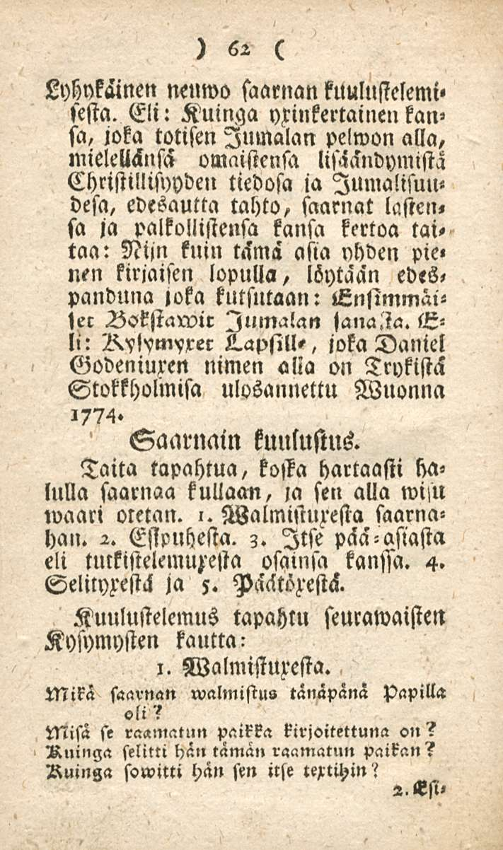62 Lyhykäinen nellwo saarnan knulustelemi» sesta.