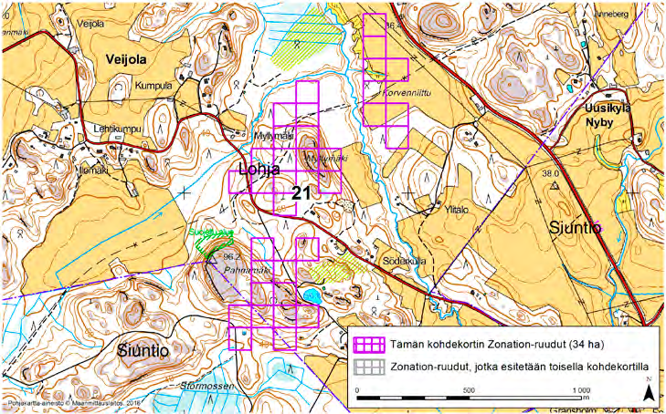 Lohja Siuntio, Zonation-aluetunnus 21 LOHJA SIUNTIO (21) Alue sijaitsee Lohjan kaakkoisosissa ja Siuntion luoteisosissa Uudenkylän (Nyby) (Siuntio) ja Veijolan (Lohja) kylän välissä asumattomalla