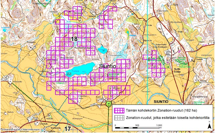 Siuntio, Zonation-aluetunnus 18 SIUNTIO (18) Alue sijaitsee Siuntion keskiosissa Suitian (Svidja) kylän länsipuolella ja Tyyskylän (Tjusterby) luoteispuolella kallio-, metsä- ja peltoalueella.