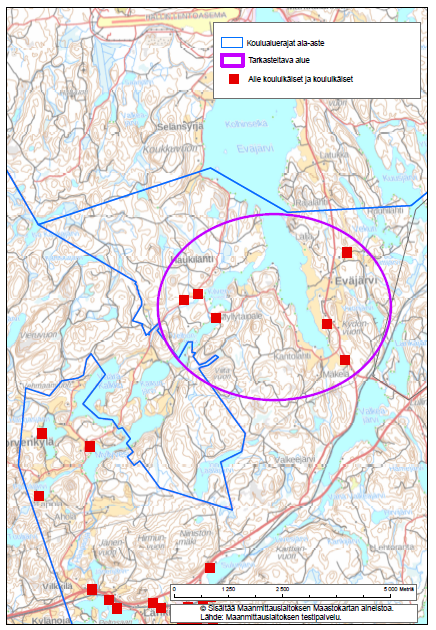Länkipohjan koulun ja Kuoreveden yhtenäiskoulun oppilaaksiottoalueiden rajan tarkastelu Tarkasteltava alue on Haukilahti- Eväjärvi (violetti viiva).