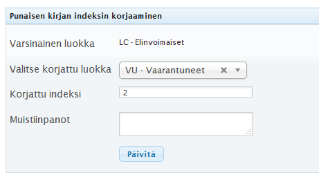 Uhanalaisuusindeksin (Red List Index) laskemiseen tarvittavat lajikohtaiset tiedot kootaan tällä kertaa jo arvioinnin yhteydessä, jotta indeksit voidaan esittää punaisessa kirjassa.