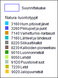 Kuva 5. Etelä-Konneveden kansallispuiston Natura 2000 -luontotyypit. Kartassa on esitetty Natura-luontotyypit kansallispuiston inventoiduilta alueilta. Niillä esiintyy 10 Naturaluontotyyppiä.