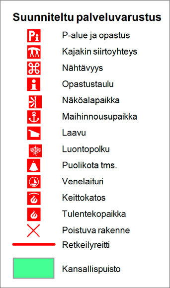 Kuva 11 A. Etelä-Konneveden kansallispuiston nykyinen ja suunniteltu palveluvarustus. Kansallispuiston virkistyskäyttö jakautuu vesialueella ja mantereella tapahtuvaan retkeilyyn.