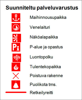 Kuva 11 B. Enonniemen alueen nykyinen ja suunniteltu palveluvarustus. Kansallispuiston maa-alueilla tapahtuvan retkeily- ja matkailukäytön lähtöpisteinä toimivat Törmälä ja Kalajan pysäköintipaikka.