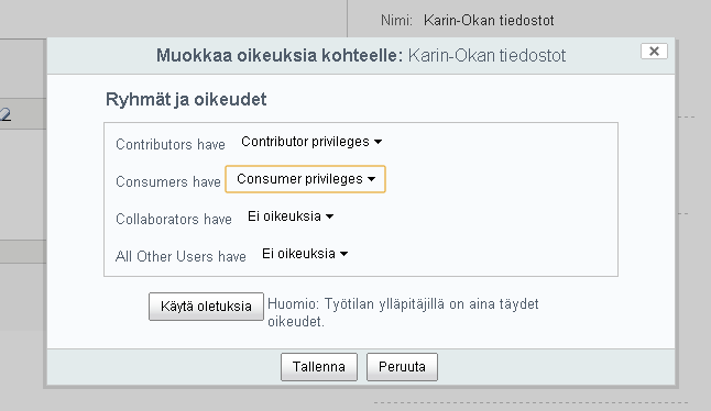 Käyttöoikeuksien muokkaaminen kansioille Koppa käyttöohjeet 22 Voit antaa oikeuksia myös kokonaisiin kansioihin.