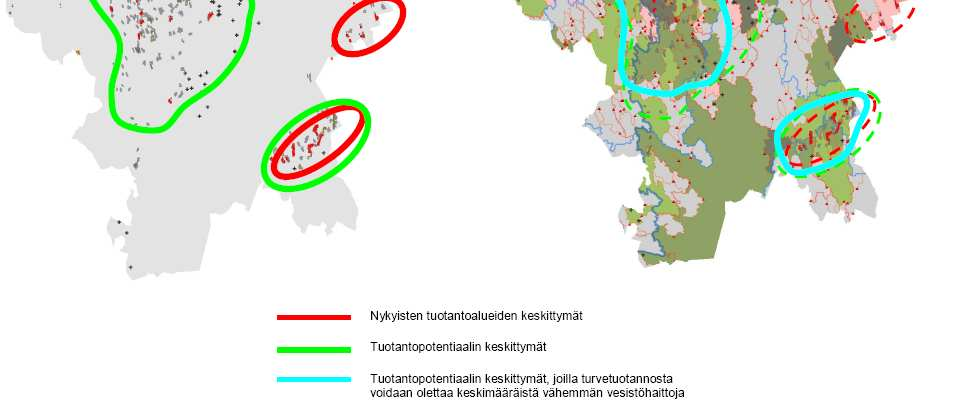 Turvetuotantoalueet = punaiset ympyrät (vasen kuva), Punertava pohjaväri = Vesistöjen