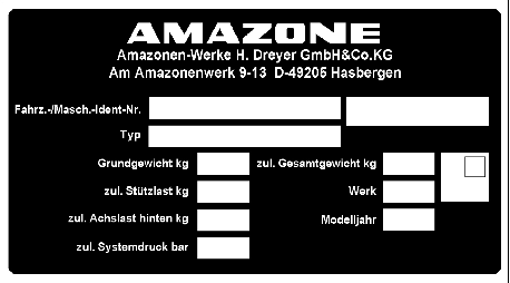 Tuotekuvaus 4.6 Konekilpi ja CE-tunnusmerkintä Konekilvessä on ilmoitettu: Ajoneuvon/koneen tunnusnumero: Tyyppi Omapaino kg Sall. aisakuorma kg Sall. akselipaino takana kg Sall.