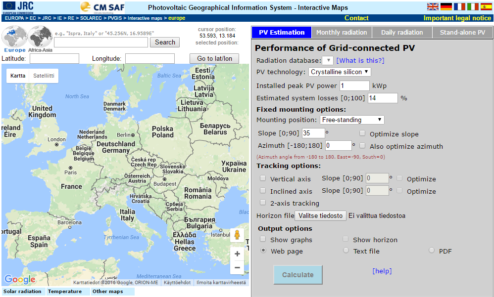 19 Kuva 17. PVGIS-ohjelman etusivu [29.