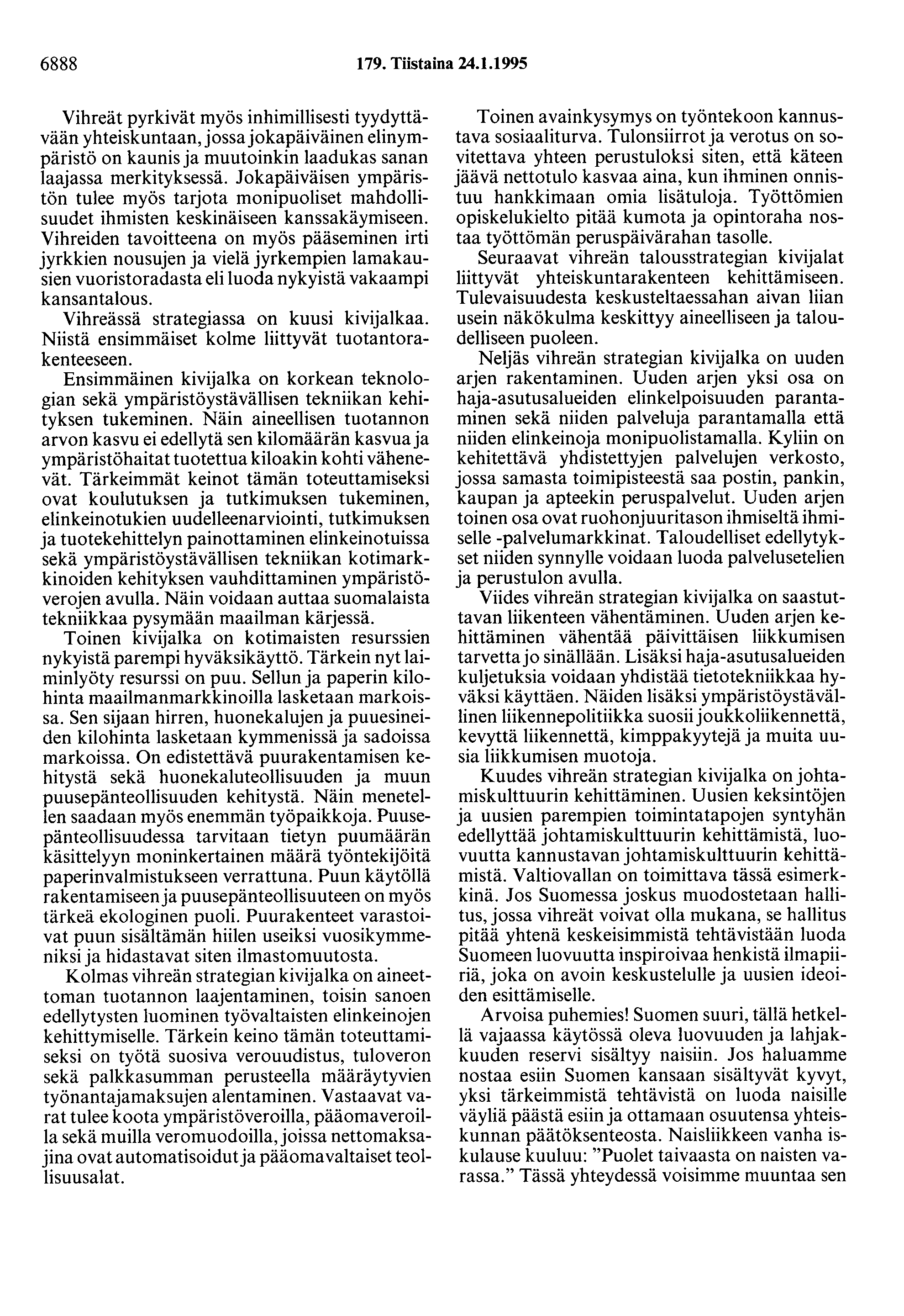 6888 179. Tiistaina 24.1.1995 Vihreät pyrkivät myös inhimillisesti tyydyttävään yhteiskuntaan, jossa jokapäiväinen elinympäristö on kaunis ja muutoinkin laadukas sanan laajassa merkityksessä.