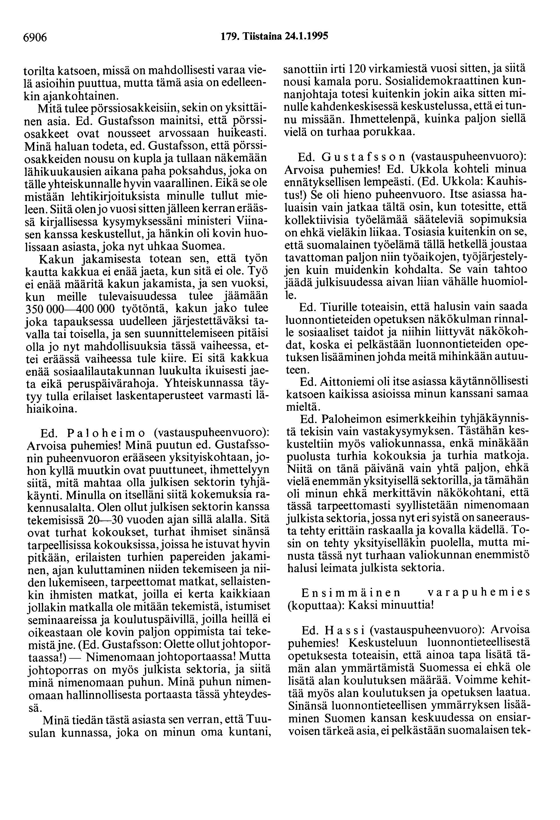 6906 179. Tiistaina 24.1.1995 torilta katsoen, missä on mahdollisesti varaa vielä asioihin puuttua, mutta tämä asia on edelleenkin ajankohtainen.