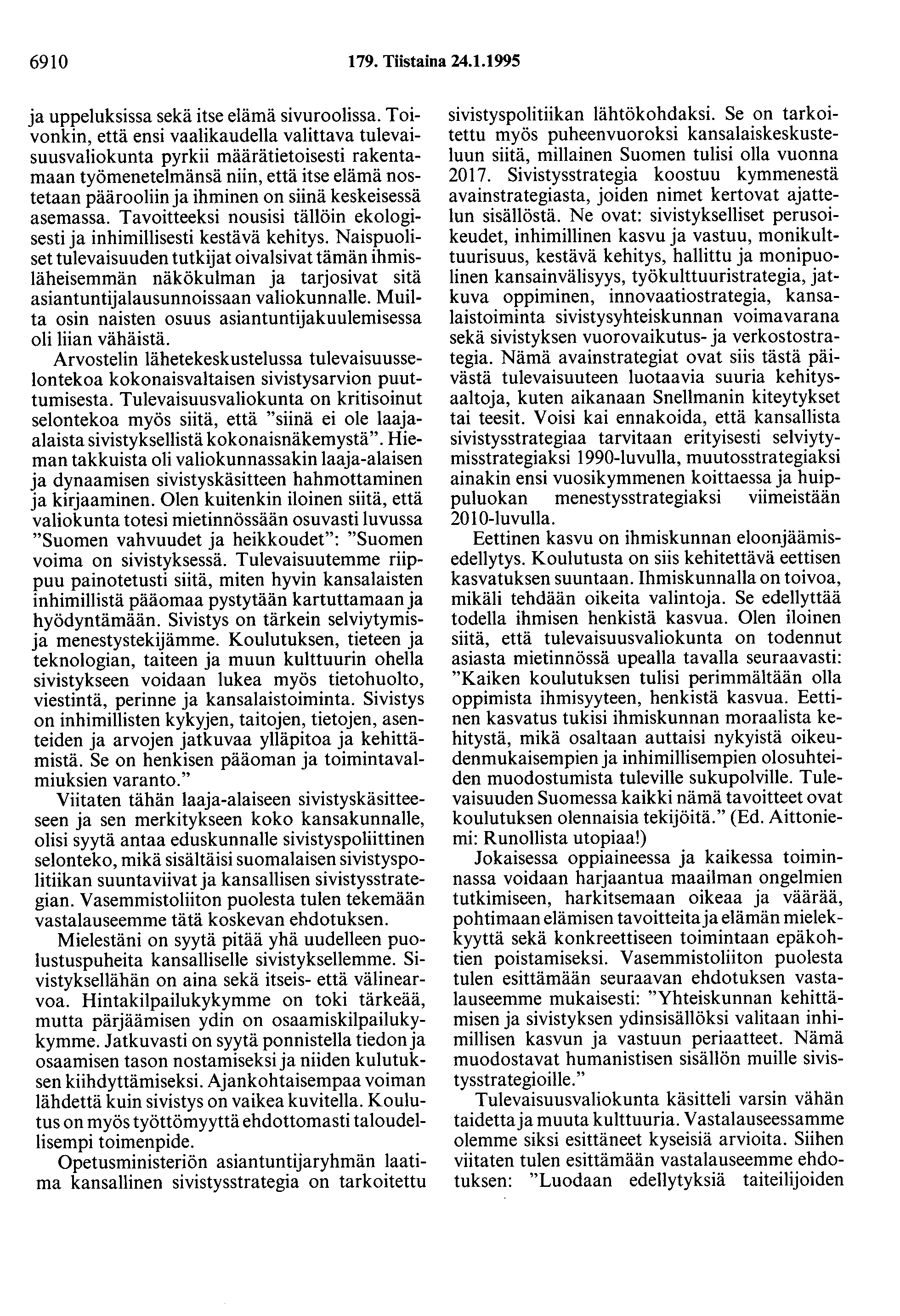 6910 179. Tiistaina 24.1.1995 ja uppeluksissa sekä itse elämä sivuroolissa.